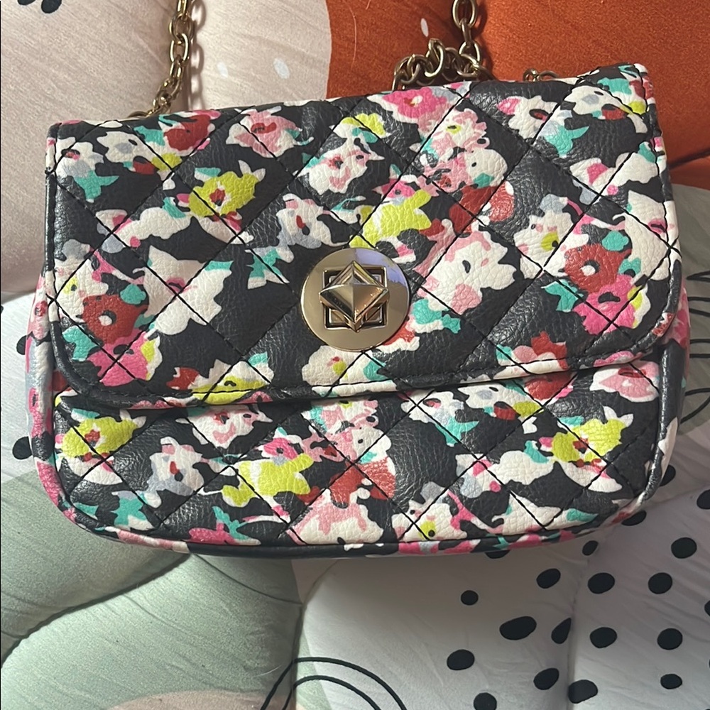 Floral Quilted Chain Shoulder Bag – Black with Pink/Yellow/White Flowers